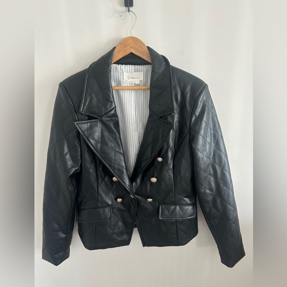 Anthropologie faux leather black quilted blazer size medium - Picture 2 of 6